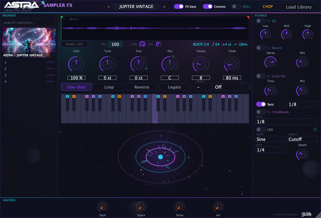 El Cosmos a plena potencia: el universo generativo del plugin reaccionando con las cuatro macros al máximo.
