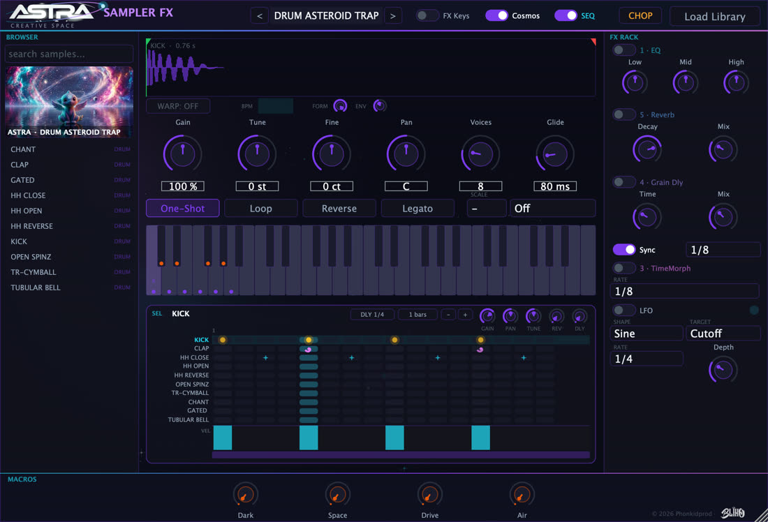 El secuenciador de drums de Astra Sampler FX: patrón programado y mixer por pad con GAIN, PAN, TUNE y envíos a reverb y delay.
