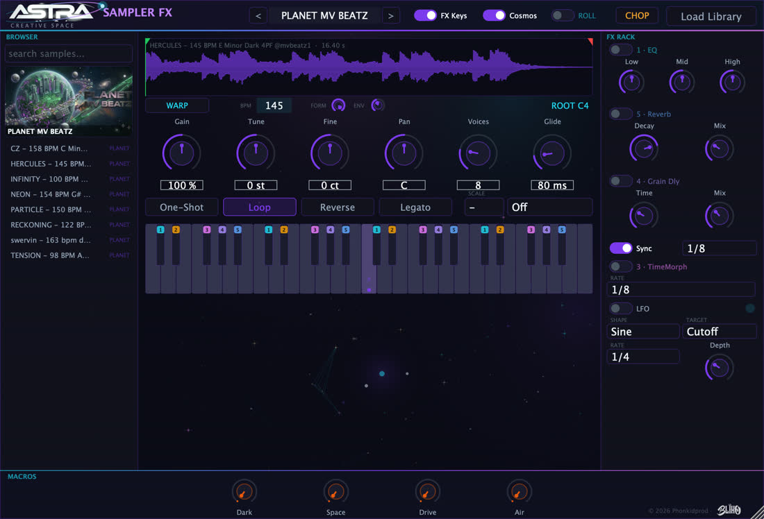 El motor WARP de Astra Sampler FX con un loop cargado.