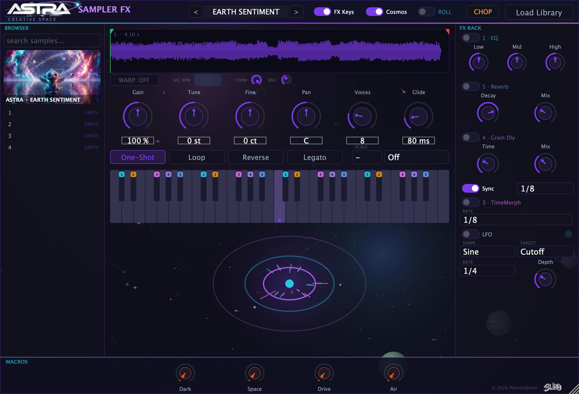 Interfaz de Astra Sampler FX: el pack EARTH SENTIMENT cargado, la forma de onda, los mandos de Gain, Tune, Pan y Glide, el teclado con las FX Keys numeradas y el Cosmos animado de fondo.