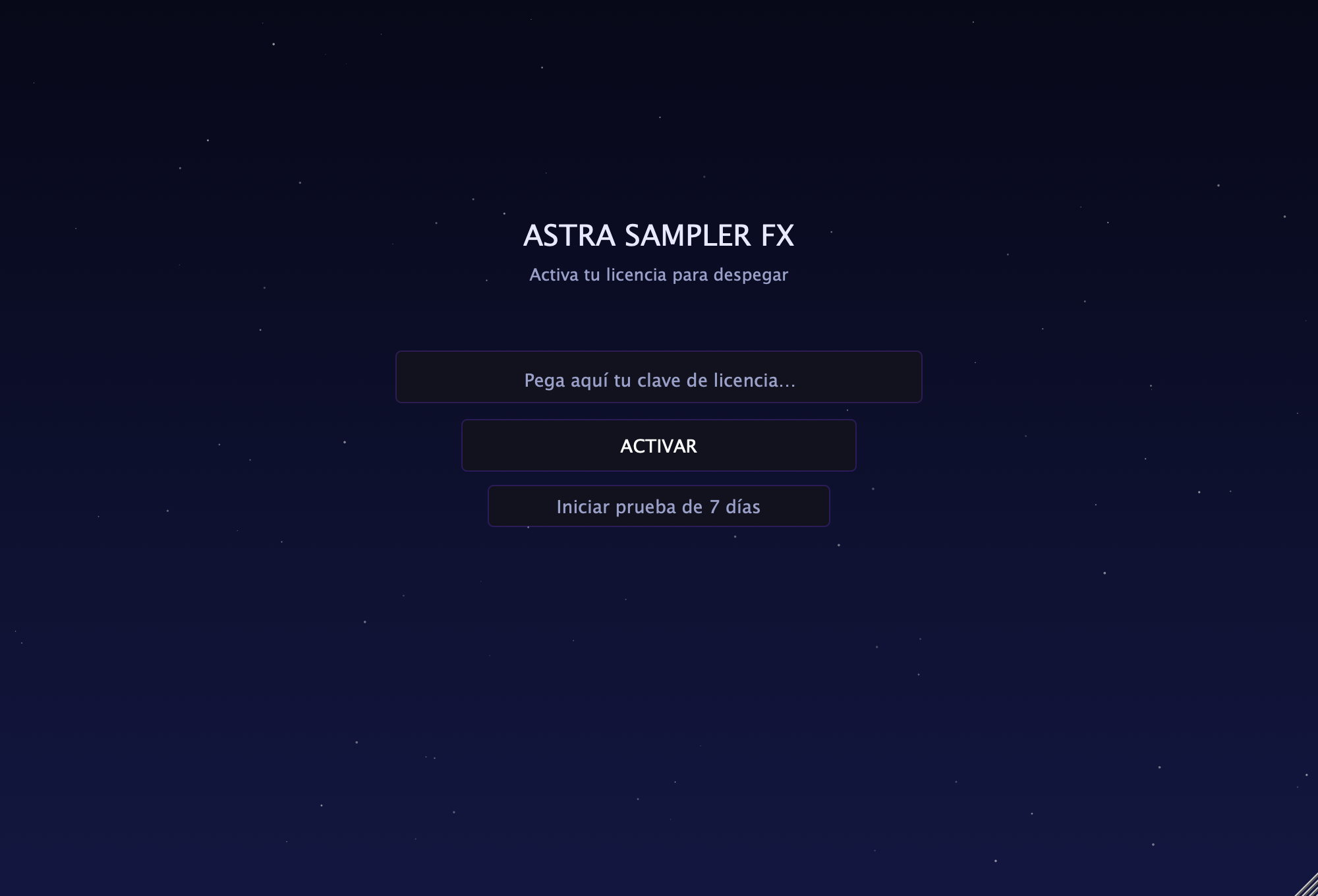 Pantalla de activación de Astra Sampler FX, donde se pega la clave de licencia recibida por email.